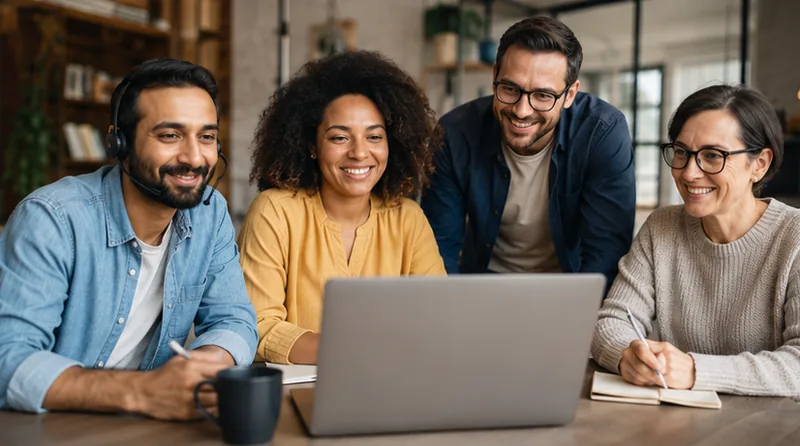 Lerngruppe im Live-Online-Unterricht am Laptop